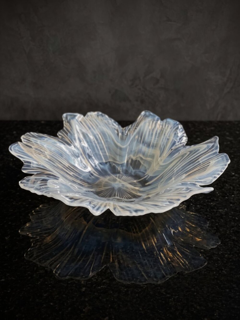 Large Clear Frosted Art Glass Flower Bowl 15” Floral Fluted Scalloped Centerpiec